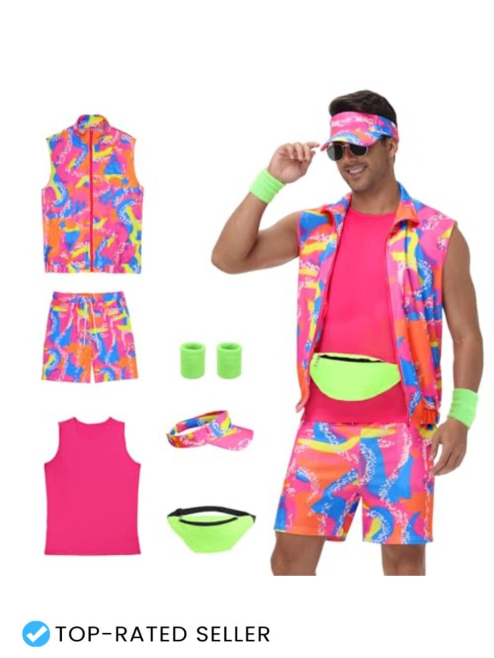 Mens 80s Workout Costume Set Neon Retro Halloween Outfit Sleeveless